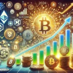 Imagem ilustrativa mostrando gráficos de criptomoedas em alta com moedas digitais, representando o crescimento potencial das altcoins de curto prazo em 2024.