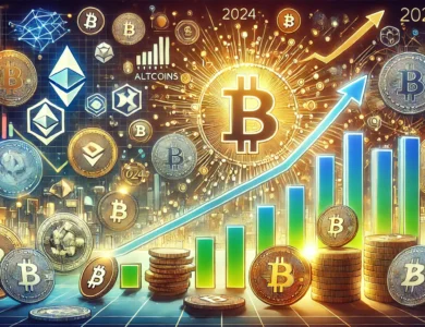 Imagem ilustrativa mostrando gráficos de criptomoedas em alta com moedas digitais, representando o crescimento potencial das altcoins de curto prazo em 2024.
