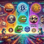 A imagem apresenta um cenário dinâmico e futurista, destacando várias altcoins como BinaryX, Base Dawgz, Pepe Unchained, Hivemapper e Subsquid em um ambiente digital. O fundo exibe um gráfico de mercado de criptomoedas em constante flutuação, com números e símbolos, refletindo a natureza volátil e emocionante do mercado. Cada altcoin é representada por seu logotipo e elementos visuais que destacam suas características únicas: elementos de jogos para BinaryX, temas de memes para Base Dawgz e Pepe Unchained, mapeamento para Hivemapper e data lakes para Subsquid. A imagem é vibrante, colorida e envolvente, com uma estética moderna e tecnológica, ideal para ilustrar a notícia sobre essas criptomoedas promissoras.