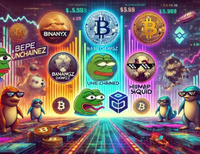 A imagem apresenta um cenário dinâmico e futurista, destacando várias altcoins como BinaryX, Base Dawgz, Pepe Unchained, Hivemapper e Subsquid em um ambiente digital. O fundo exibe um gráfico de mercado de criptomoedas em constante flutuação, com números e símbolos, refletindo a natureza volátil e emocionante do mercado. Cada altcoin é representada por seu logotipo e elementos visuais que destacam suas características únicas: elementos de jogos para BinaryX, temas de memes para Base Dawgz e Pepe Unchained, mapeamento para Hivemapper e data lakes para Subsquid. A imagem é vibrante, colorida e envolvente, com uma estética moderna e tecnológica, ideal para ilustrar a notícia sobre essas criptomoedas promissoras.