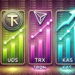 Gráfico de crescimento de três altcoins promissoras: Undeads Games (UDS), TRON (TRX) e Kaspa (KAS), destacando seu potencial de lucro no fim do ano.
