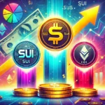 Logos das altcoins Fetch (FET), Sui (SUI) e Optimism (OP) em um fundo vibrante com um gráfico ascendente, símbolos de dólar e setas para cima, simbolizando potencial de crescimento e oportunidades de investimento.