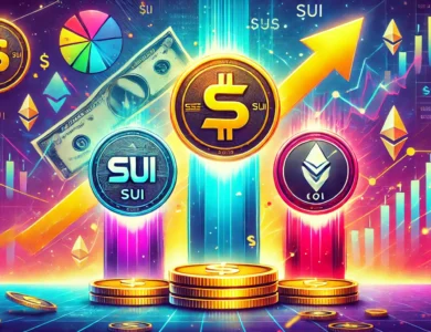 Logos das altcoins Fetch (FET), Sui (SUI) e Optimism (OP) em um fundo vibrante com um gráfico ascendente, símbolos de dólar e setas para cima, simbolizando potencial de crescimento e oportunidades de investimento.