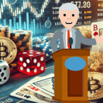 Imagem ilustrando apostas em criptomoedas, com moedas digitais como Bitcoin e Ethereum ao lado de elementos de jogos de azar, como dados e cartas, em um cenário tecnológico moderno. Gráficos financeiros ao fundo indicam tendências de mercado, destacando a interseção entre finanças e apostas.