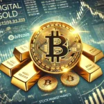 Imagem mostrando um símbolo do Bitcoin em destaque, cercado por barras de ouro e gráficos de mercado financeiro ao fundo, simbolizando o Bitcoin como "ouro digital" e sua legitimidade no mercado financeiro.