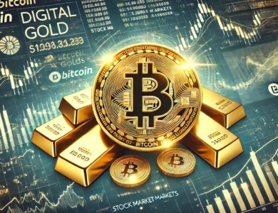 Imagem mostrando um símbolo do Bitcoin em destaque, cercado por barras de ouro e gráficos de mercado financeiro ao fundo, simbolizando o Bitcoin como "ouro digital" e sua legitimidade no mercado financeiro.