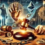 Imagem mostrando a mão de um juiz segurando um martelo, simbolizando o poder judicial, em primeiro plano. No fundo, há elementos digitais como símbolos de criptomoedas (Bitcoin e Ethereum), uma corrente quebrada representando restrições, e um cadeado digital simbolizando o bloqueio de ativos. Ao fundo, imagens desfocadas de manifestantes e um tribunal destacam o contexto de ações judiciais relacionadas a manifestações. A cena transmite seriedade e autoridade.