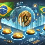 Imagem da plataforma Roxom com gráficos financeiros, símbolos de Bitcoin e elementos da bandeira brasileira, representando a nova bolsa que paga dividendos em Bitcoin.