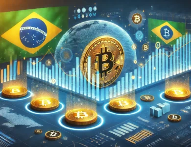 Imagem da plataforma Roxom com gráficos financeiros, símbolos de Bitcoin e elementos da bandeira brasileira, representando a nova bolsa que paga dividendos em Bitcoin.