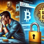 Um investidor frustrado olha para seu computador, enquanto o logotipo da Volet.com e um símbolo de cadeado aparecem ao lado, com gráficos de Bitcoin e transações digitais ao fundo, ilustrando um debate acalorado sobre a retenção de fundos de Bitcoin pela Volet.com.