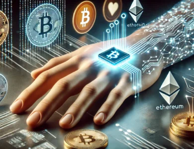 Um cenário futurista mostrando de perto a mão de uma pessoa com um pequeno chip luminoso sendo implantado sob a pele. O fundo inclui elementos digitais, como código binário flutuante e símbolos de criptomoedas como Bitcoin e Ethereum. O ambiente é moderno e de alta tecnologia, com uma atmosfera estéril, enfatizando segurança e tecnologia avançada. A estética é elegante e polida, com um toque de ficção científica. O foco está no processo de implantação do chip, destacando a inovação e a segurança de armazenar criptomoedas sob a pele.