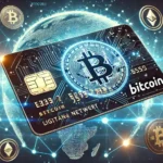 Carteira digital futurista com o logotipo do Bitcoin em destaque, conectada a uma rede holográfica representando a Lightning Network e várias criptomoedas, incluindo Ethereum e stablecoins, ao seu redor. O fundo mostra um mapa global com nós brilhantes, simbolizando a adoção mundial e transações seguras. O design transmite alta tecnologia e inovação.