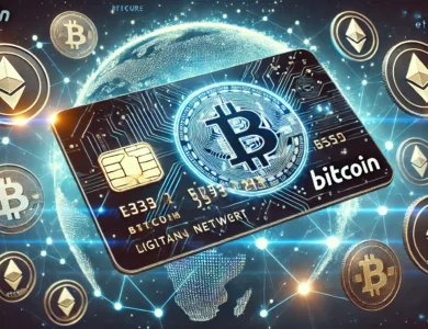 Carteira digital futurista com o logotipo do Bitcoin em destaque, conectada a uma rede holográfica representando a Lightning Network e várias criptomoedas, incluindo Ethereum e stablecoins, ao seu redor. O fundo mostra um mapa global com nós brilhantes, simbolizando a adoção mundial e transações seguras. O design transmite alta tecnologia e inovação.