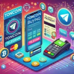 Imagem mostrando o processo de compra do Toncoin (TON) com integração ao Telegram. Um smartphone exibe a interface da carteira Tonkeeper, com ícones de métodos de pagamento populares como cartão de crédito e débito. Logotipos do Telegram e Toncoin estão presentes, com um fundo que representa redes digitais e elementos de blockchain, destacando a modernidade e a facilidade de aquisição do Toncoin.