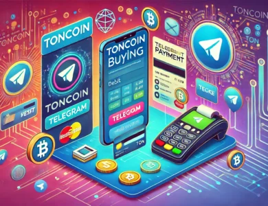 Imagem mostrando o processo de compra do Toncoin (TON) com integração ao Telegram. Um smartphone exibe a interface da carteira Tonkeeper, com ícones de métodos de pagamento populares como cartão de crédito e débito. Logotipos do Telegram e Toncoin estão presentes, com um fundo que representa redes digitais e elementos de blockchain, destacando a modernidade e a facilidade de aquisição do Toncoin.