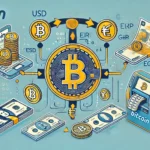 Ilustração mostrando o processo de conversão de Bitcoin para moeda fiduciária, incluindo logotipo do Bitcoin e várias moedas fiduciárias como USD, EUR e GBP, com elementos de carteira digital, plataformas de câmbio e caixas eletrônicos de Bitcoin.