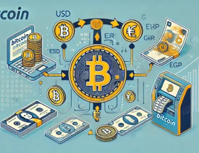 Ilustração mostrando o processo de conversão de Bitcoin para moeda fiduciária, incluindo logotipo do Bitcoin e várias moedas fiduciárias como USD, EUR e GBP, com elementos de carteira digital, plataformas de câmbio e caixas eletrônicos de Bitcoin.