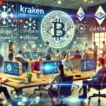 Ambiente de escritório dinâmico com funcionários diversos trabalhando em computadores e discutindo projetos. Logos das principais empresas de criptomoedas, como Kraken, Coinbase, Tether e Bitcoin.com, estão visíveis em telas e pôsteres ao fundo, destacando a inovação e tecnologia no setor.