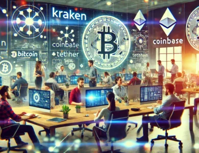 Ambiente de escritório dinâmico com funcionários diversos trabalhando em computadores e discutindo projetos. Logos das principais empresas de criptomoedas, como Kraken, Coinbase, Tether e Bitcoin.com, estão visíveis em telas e pôsteres ao fundo, destacando a inovação e tecnologia no setor.