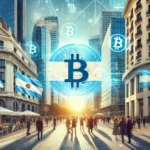 Imagem de um distrito empresarial movimentado em Buenos Aires, Argentina, com edifícios modernos e símbolos de Bitcoin, representando a integração das criptomoedas no mercado empresarial.