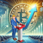 Ilustração mostrando o impacto positivo no valor do Bitcoin após um evento significativo. A imagem destaca um grande aumento no valor do Bitcoin, representado por uma seta ascendente e símbolos de Bitcoin. O fundo exibe um gráfico digital em tons de verde e azul, simbolizando o mercado financeiro, com um palco de conferência ao fundo, representando um evento importante próximo.