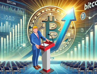 Ilustração mostrando o impacto positivo no valor do Bitcoin após um evento significativo. A imagem destaca um grande aumento no valor do Bitcoin, representado por uma seta ascendente e símbolos de Bitcoin. O fundo exibe um gráfico digital em tons de verde e azul, simbolizando o mercado financeiro, com um palco de conferência ao fundo, representando um evento importante próximo.