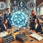 Imagem mostra estudantes de direito em um ambiente de estudo moderno, com uma representação digital da blockchain e ícones de criptomoedas ao fundo, destacando a integração da tecnologia nos estudos jurídicos.