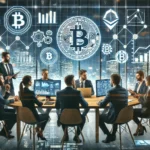 Profissionais discutindo dados e tecnologias de criptomoedas em um ambiente de escritório moderno, destacando a inovação no concurso do BNDES.