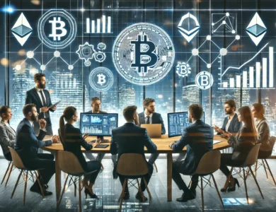 Profissionais discutindo dados e tecnologias de criptomoedas em um ambiente de escritório moderno, destacando a inovação no concurso do BNDES.