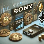 Imagem retangular ilustrando a entrada da Sony no mercado de criptomoedas. A imagem apresenta o logotipo da Sony ao lado dos símbolos do Bitcoin e Ethereum, com gráficos digitais e elementos futuristas em um design moderno. O fundo utiliza as cores preto e azul da marca Sony, com tons de ouro e prata representando as criptomoedas.