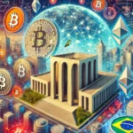 Ilustração futurística mostrando símbolos de criptomoedas como Bitcoin e Ethereum entrelaçados com símbolos financeiros brasileiros, como o real e edifícios governamentais. A imagem destaca a colisão entre o mundo digital das criptomoedas e o ambiente regulatório e tributário do governo brasileiro, utilizando cores vibrantes e um estilo de arte digital moderno.