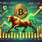 Imagem retangular ilustrando um mercado de Bitcoin em alta. No centro, um símbolo dourado de Bitcoin é destacado, cercado por gráficos financeiros apontando para cima. Um touro estilizado e poderoso representa a corrida de touros do mercado. Elementos de código digital e gráficos de blockchain estão no fundo, enfatizando o aspecto tecnológico. As cores predominantes são verde e dourado, transmitindo um senso de crescimento e otimismo.