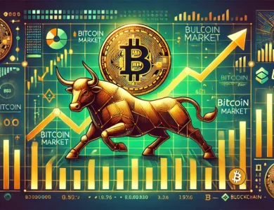 Imagem retangular ilustrando um mercado de Bitcoin em alta. No centro, um símbolo dourado de Bitcoin é destacado, cercado por gráficos financeiros apontando para cima. Um touro estilizado e poderoso representa a corrida de touros do mercado. Elementos de código digital e gráficos de blockchain estão no fundo, enfatizando o aspecto tecnológico. As cores predominantes são verde e dourado, transmitindo um senso de crescimento e otimismo.