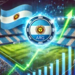 Imagem mostrando a ascensão do valor do fan token da seleção argentina de futebol (ARG). Em um estádio de futebol cheio de torcedores vibrantes, a bandeira argentina é exibida com destaque. Um gráfico digital ao fundo mostra uma curva ascendente, simbolizando o aumento no valor do token. No centro, uma moeda digital com o logotipo da seleção argentina brilha intensamente, representando o crescimento significativo no mercado de criptomoedas. As cores predominantes são azul e branco, refletindo a bandeira argentina, com elementos de verde e vermelho indicando o crescimento financeiro.
