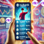 Aplicativo do Nubank mostrando gráficos de criptomoedas e alertas de preços em uma interface vibrante e amigável. Ao fundo, um jovem usuário entusiasta utilizando o app em um smartphone moderno.