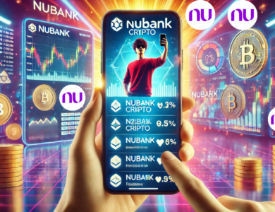 Aplicativo do Nubank mostrando gráficos de criptomoedas e alertas de preços em uma interface vibrante e amigável. Ao fundo, um jovem usuário entusiasta utilizando o app em um smartphone moderno.