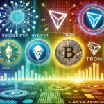 Imagem vibrante e dinâmica representando várias criptomoedas como Subsquid, Hivemapper, TRON, LayerZero e Shiba Shootout. O fundo mostra um cenário digital futurista com símbolos de blockchain e gráficos de crescimento. Cada logotipo de criptomoeda é destacado com elementos de tecnologia, acesso a dados e inovação. As cores são ousadas e atraentes, evocando um senso de entusiasmo e oportunidade.