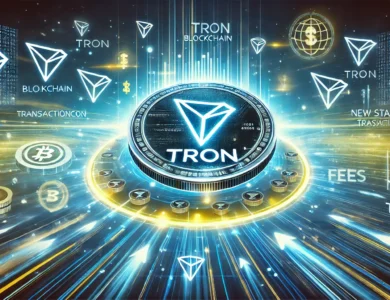 Ilustração futurística mostrando a revolução da blockchain da TRON no mercado de criptomoedas, com o logotipo da TRON em destaque e símbolos de blockchain e criptomoedas ao redor, representando inovação, velocidade e conectividade.