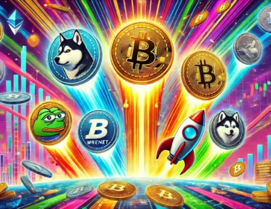 Uma imagem vibrante e dinâmica ilustrando o crescimento explosivo das criptomoedas. A imagem apresenta os logotipos de cinco diferentes criptomoedas: Dogwifhat, Pepe Unchained, WienerAI, Brett e Shiba Shootout. Cada logotipo está rodeado por elementos visuais que sugerem crescimento rápido e aumento de valor, como setas apontando para cima, foguetes e moedas multiplicando-se. O fundo é colorido e energético, com um toque futurista, simbolizando o mundo inovador e acelerado das criptomoedas.
