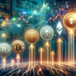 Imagem ilustrando o crescimento de criptomoedas de IA, com logos de Bittensor, Filecoin, Livepeer, Near e Render subindo em um cenário com elementos de tecnologia de IA, como redes neurais e fluxos de dados digitais.