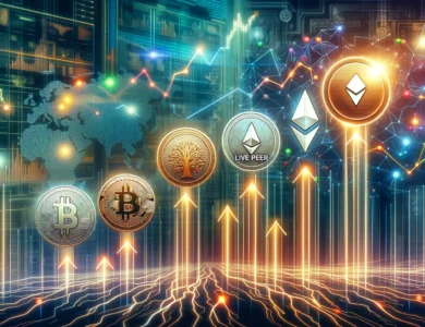 Imagem ilustrando o crescimento de criptomoedas de IA, com logos de Bittensor, Filecoin, Livepeer, Near e Render subindo em um cenário com elementos de tecnologia de IA, como redes neurais e fluxos de dados digitais.