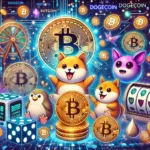 Ilustração vibrante mostrando elementos de jogos e criptomoedas. Inclui símbolos de criptomoedas como Bitcoin e Dogecoin, personagens de jogos como um hamster digital e um cachorro estilo Tamagotchi, além de elementos de cassino como dados, roleta e máquinas caça-níqueis. O fundo é futurista, com temas de blockchain e transações digitais, transmitindo a emoção e inovação do mercado de criptomoedas de jogos.