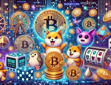 Ilustração vibrante mostrando elementos de jogos e criptomoedas. Inclui símbolos de criptomoedas como Bitcoin e Dogecoin, personagens de jogos como um hamster digital e um cachorro estilo Tamagotchi, além de elementos de cassino como dados, roleta e máquinas caça-níqueis. O fundo é futurista, com temas de blockchain e transações digitais, transmitindo a emoção e inovação do mercado de criptomoedas de jogos.