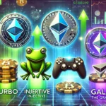Ilustração dinâmica mostrando as principais criptomoedas em alta: Turbo, Injective, Gala e The Graph. O fundo apresenta um mercado digital futurista com gráficos e tabelas brilhantes. Cada logotipo das criptomoedas (um sapo para Turbo, um blockchain estilizado para Injective, um controle de videogame para Gala e um gráfico de rede para The Graph) está em destaque, cercado por setas ascendentes indicando crescimento. O esquema de cores vibrante inclui tons de azul, verde e roxo, representando o cenário digital e financeiro.