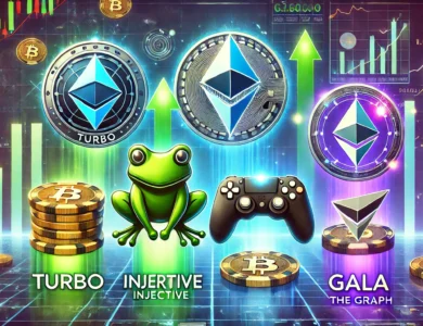 Ilustração dinâmica mostrando as principais criptomoedas em alta: Turbo, Injective, Gala e The Graph. O fundo apresenta um mercado digital futurista com gráficos e tabelas brilhantes. Cada logotipo das criptomoedas (um sapo para Turbo, um blockchain estilizado para Injective, um controle de videogame para Gala e um gráfico de rede para The Graph) está em destaque, cercado por setas ascendentes indicando crescimento. O esquema de cores vibrante inclui tons de azul, verde e roxo, representando o cenário digital e financeiro.