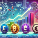 Uma ilustração dinâmica mostrando as principais criptomoedas para investir hoje: Core, eCash, Kaspa, Base Dawgz e Popcat. A imagem apresenta os logotipos dessas criptomoedas e um gráfico indicando tendências de alta. O fundo inclui elementos de tecnologia digital e crescimento financeiro, com cores vibrantes para chamar a atenção.