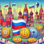 Imagem representando a legalização das criptomoedas na Rússia com bandeiras russas e ícones de criptomoedas.