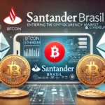 Imagem retangular ilustrando a entrada do Santander Brasil no mercado de criptomoedas. A imagem apresenta o logotipo do Santander ao lado dos símbolos do Bitcoin e Ethereum, com gráficos digitais e elementos futuristas, em um design moderno que combina as cores vermelha e branca do Santander com tons de azul e dourado representando as criptomoedas.
