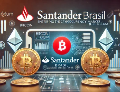 Imagem retangular ilustrando a entrada do Santander Brasil no mercado de criptomoedas. A imagem apresenta o logotipo do Santander ao lado dos símbolos do Bitcoin e Ethereum, com gráficos digitais e elementos futuristas, em um design moderno que combina as cores vermelha e branca do Santander com tons de azul e dourado representando as criptomoedas.