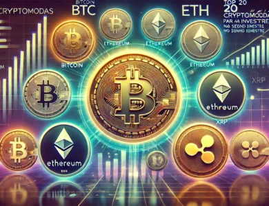 Imagem futurista destacando 20 criptomoedas proeminentes com seus logotipos, incluindo Bitcoin (BTC), Ethereum (ETH) e Ripple (XRP) no centro. O fundo apresenta um tema digital moderno com gráficos e tabelas indicando crescimento e potencial. O título "Top 20 Cryptomoedas para Investir no Segundo Semestre" está no topo em uma fonte ousada e chamativa.